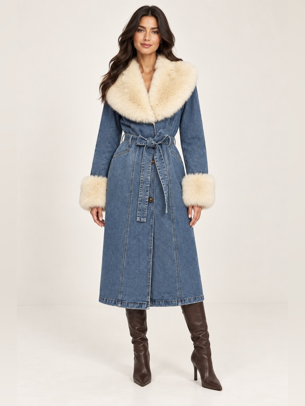 Convertible Faux Fur Trim Belted Denim Trench Coat